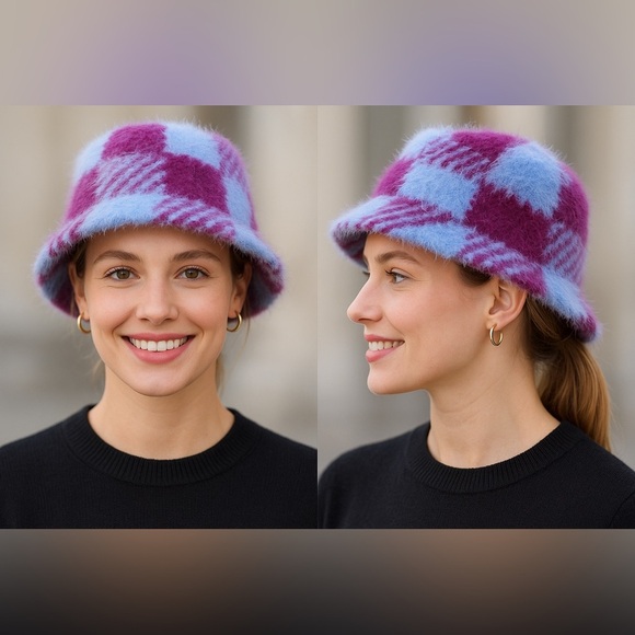 Fuzzy Plaid Bucket Hat – Purple & Baby Blue | Soft Winter Style | One Size - Picture 6 of 12
